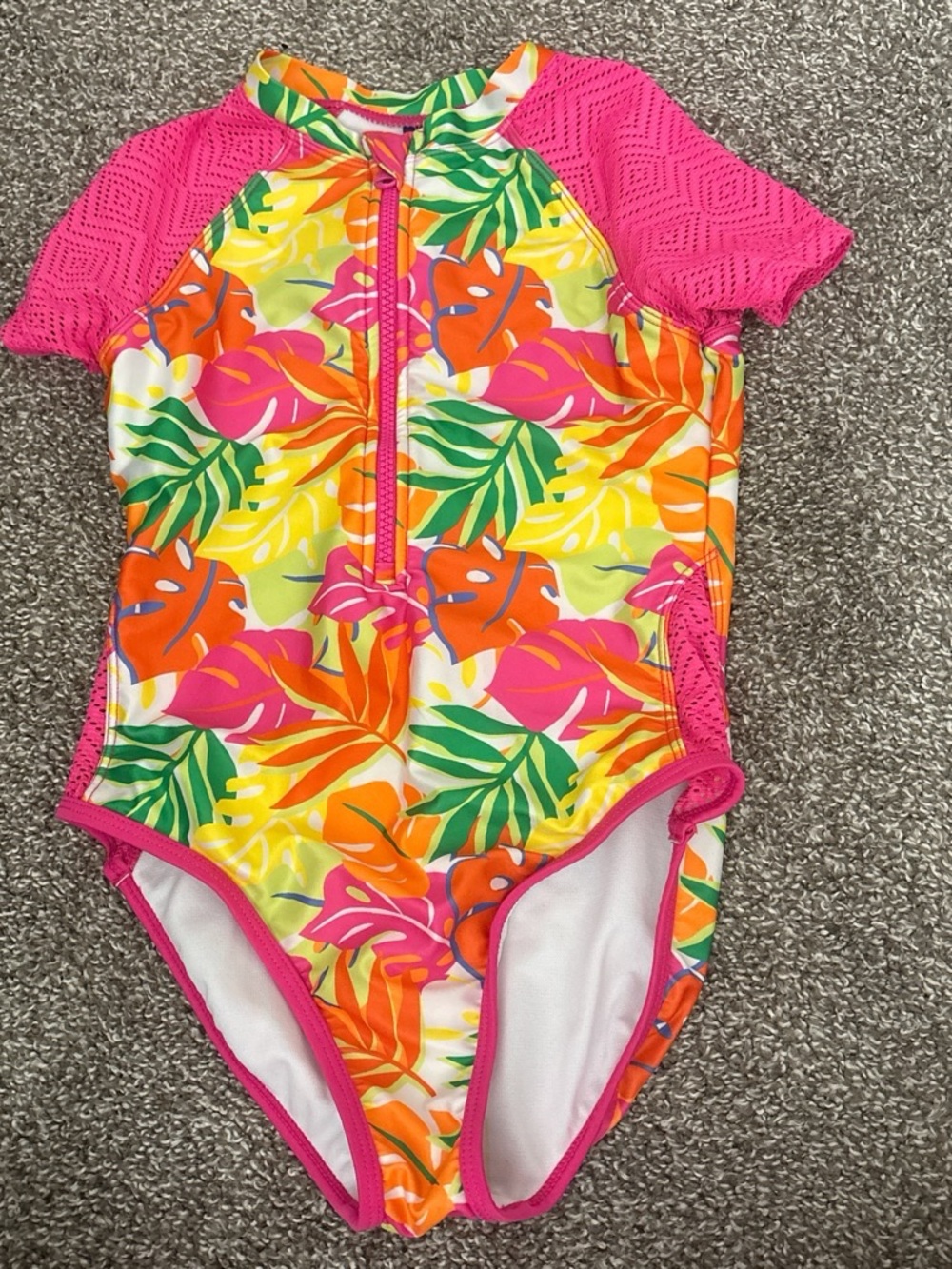 Girls Tropical Leaf Rashguard One-Piece Swimsuit - Pink, Orange, Green, Yellow